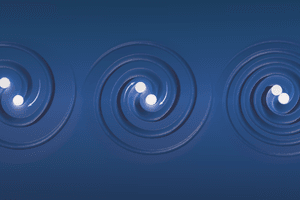 Cropped illustration of a binary system of two co-orbiting black holes causing ripples in spacetime.