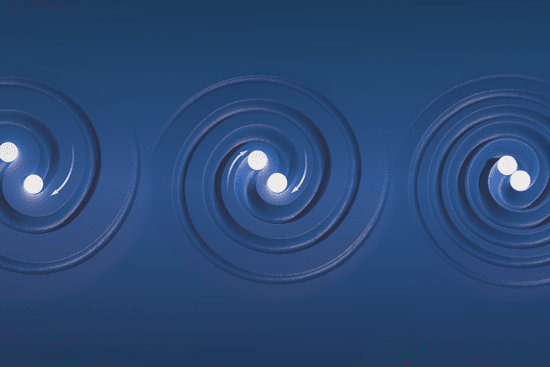 Cropped illustration of a binary system of two co-orbiting black holes causing ripples in spacetime.