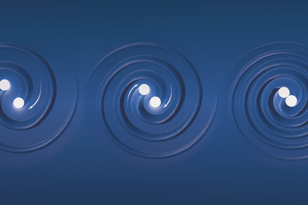 Cropped illustration of a binary system of two co-orbiting black holes causing ripples in spacetime.