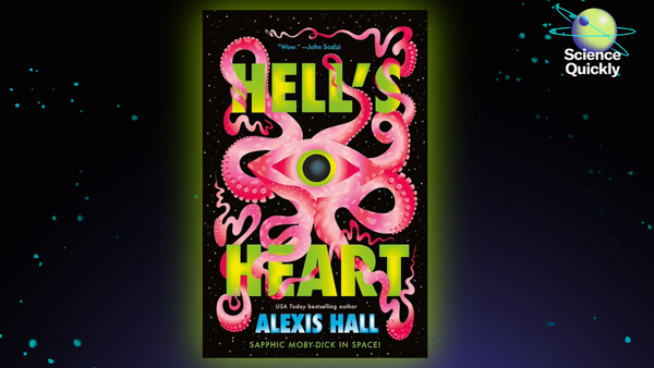 An illustration of the book cover 'Hell's Heart' with a pink octopus looking creature.