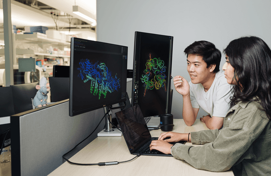Brian Hie and Aditi Merchant examine a protein structure generated by Evo 2, an AI tool that can suggest genome designs. Lab tests of Evo 2’s designs for an E. coli killer exceeded expectations.