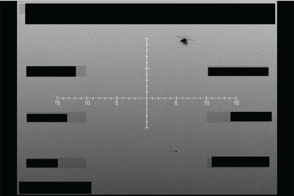 Imagen fija infrarroja (negro caliente) capturada de un objeto no identificado debajo de un helicóptero sobre el oeste de EE. UU. en septiembre de 2025.