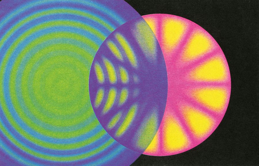 Large circle with blue and green rings intersecting with a smaller pink circle with yellow slices. illustration by DTAN Studio.