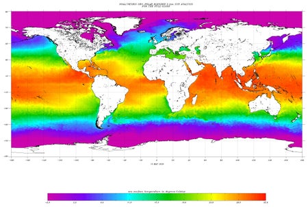 A rainbow chart showing high temperatures near the equator in red.