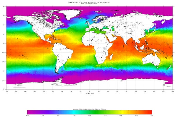 A rainbow chart showing high temperatures near the equator in red.