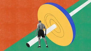 Contemporary art collage of a muscular, athletic man training.