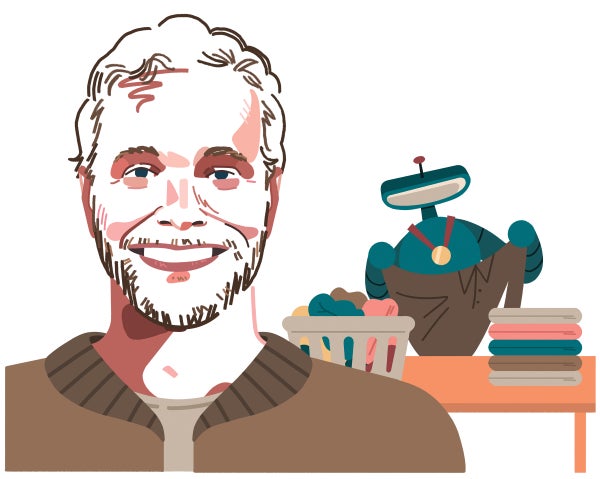 Colorful illustration by Shideh Ghandeharizadeh of the roboticist Benjie Holson.