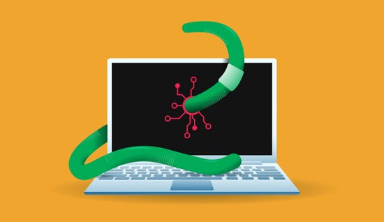 Illustration of a green worm wriggling through a laptop screen
