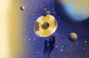 A dark blue arm emerging from the bottom reaching towards a golden disc within a celestial background.