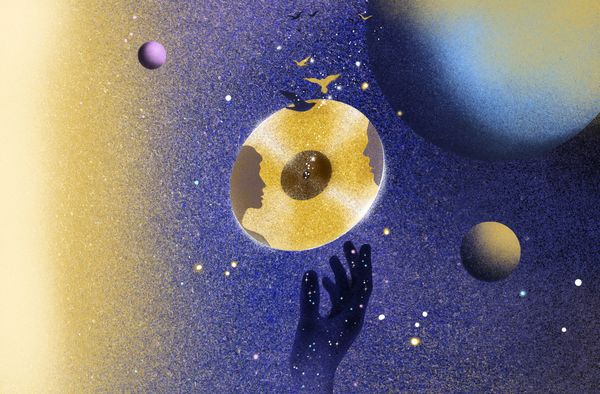 A dark blue arm emerging from the bottom reaching towards a golden disc within a celestial background.
