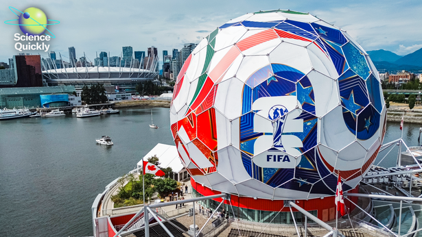 An image of an aerial view of FIFA World Cup 2026 match ball installation in Vancouver