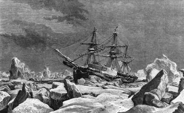 A black and white ink illustration of the HMS Terror trapped in ice