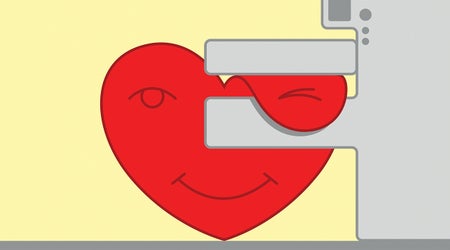 Illustration of a smiling heart, one top arc of which is bent over and flattened in a mammogram-like device