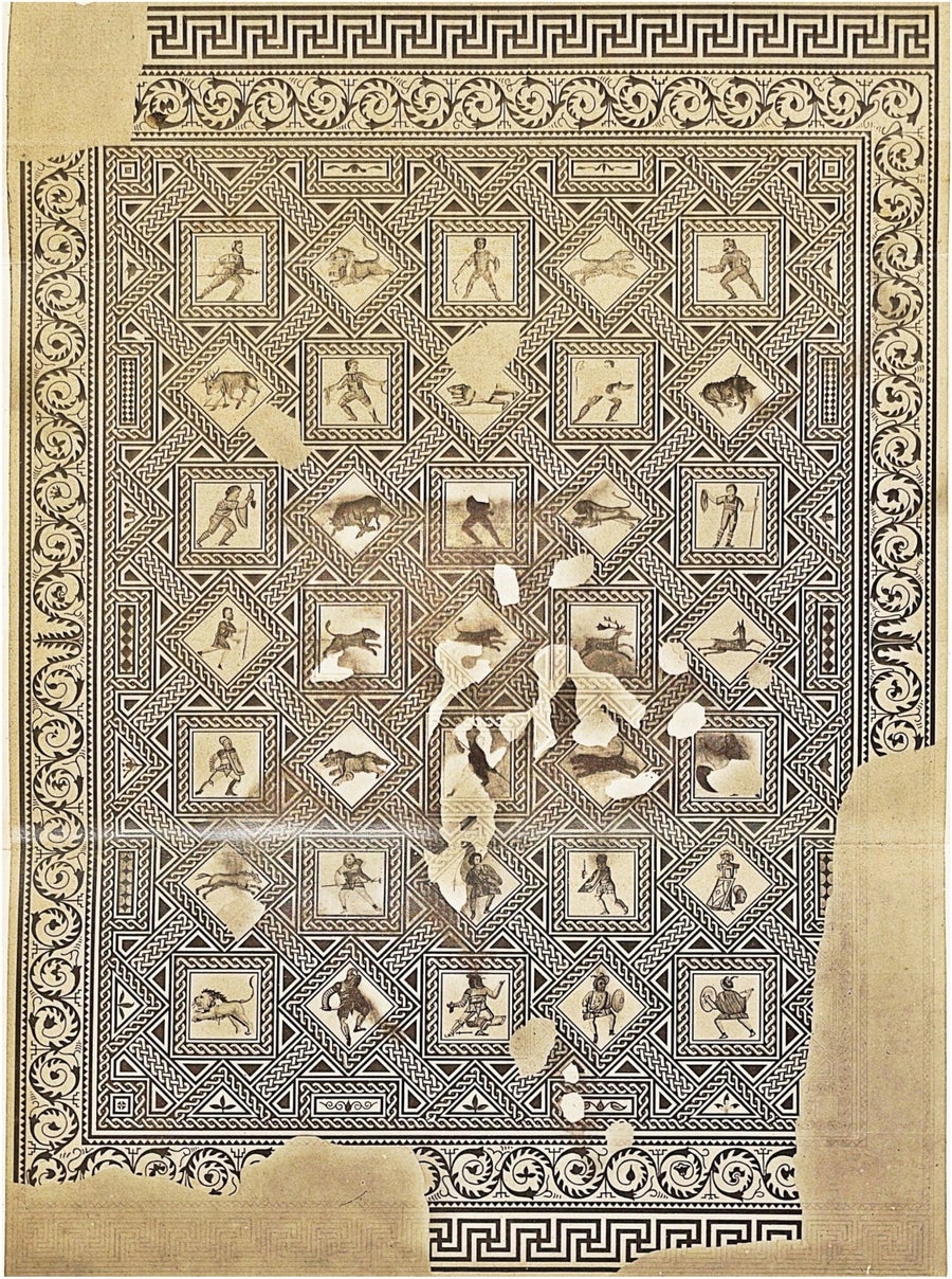 A detailed sketch of a large mosaic filled with squares each containing a human or animal figure