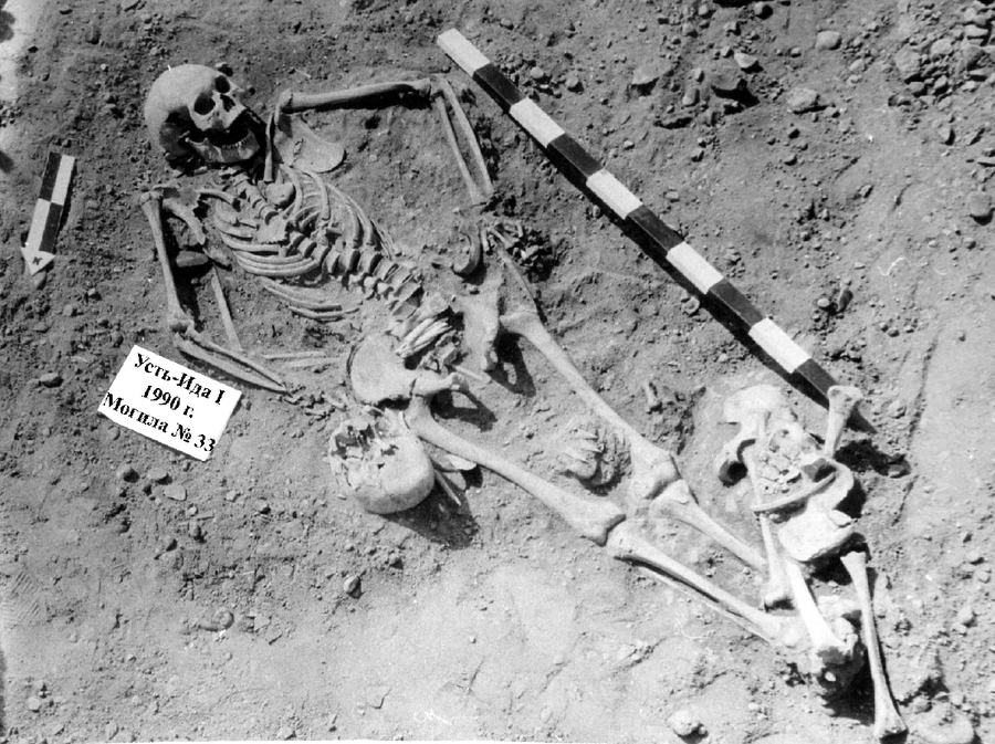 Ust’Ida I Burial #33; this shared grave contained a boy (aged 12-15 years old) and a girl (aged 13-16 years old) who were found to not be closely related, and plague DNA was obtained from their remains.