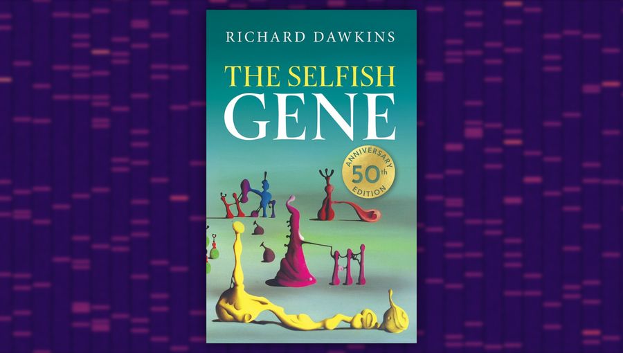 The cover of the hardback 50th-anniversary edition of Richard Dawkins' The Selfish Gene, against a background of PCR genetic testing results.