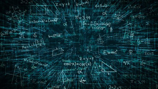 Glowing math equations and numbers float on a dark background.