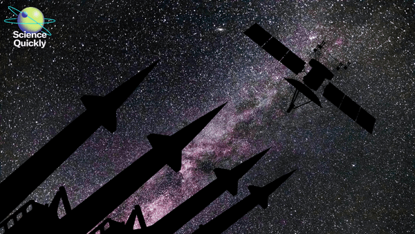An illustration of missile system and satellite in space