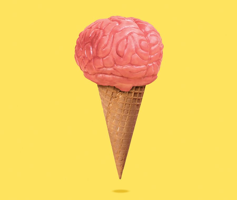 Ice cream cone holding a pink brain, against a yellow background.