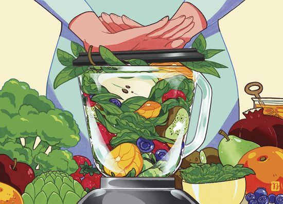 Illustration of two hands pressing down the cover of a blender over-filled with different fruits and vegetables. Blender rests on a surface surrounded by fruits and vegetables as well. Illustration by Jay Bendt.