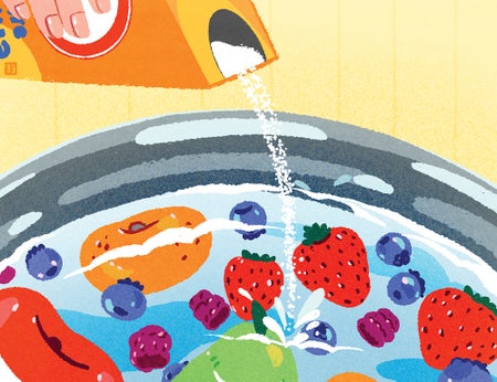 Colorful illustration by Jay Bendt showing a hand sprinkling baking soda on a bowl of fruit in water. Purpose is to illustrate cleaning fruit of pesticides using common household supplies, except for soaps and detergents.
