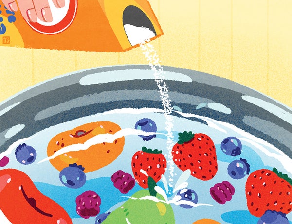 Colorful illustration by Jay Bendt showing a hand sprinkling baking soda on a bowl of fruit in water. Purpose is to illustrate cleaning fruit of pesticides using common household supplies, except for soaps and detergents.