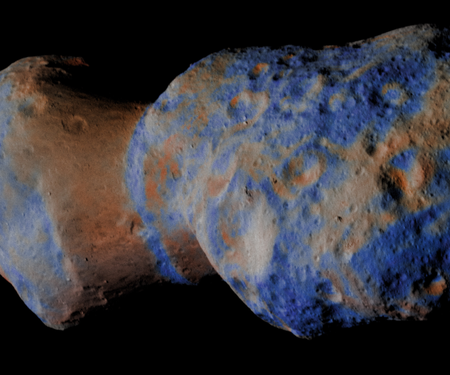 A false-color image of the asteroid Donaldjohnson, as seen during an April 2025 flyby made by the Lucy spacecraft.