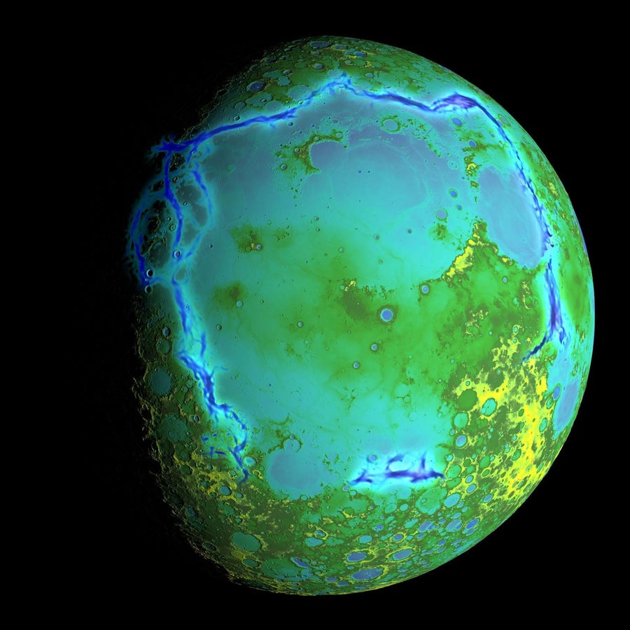 A false-color view of a lunar hemisphere with colors highlighting ancient volcanic rifts.