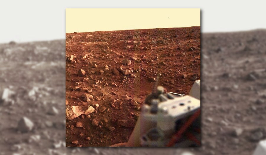 A view of Mars’s ruddy, rock-strewn surface at sunset, as seen by NASA’s Viking 1 lander