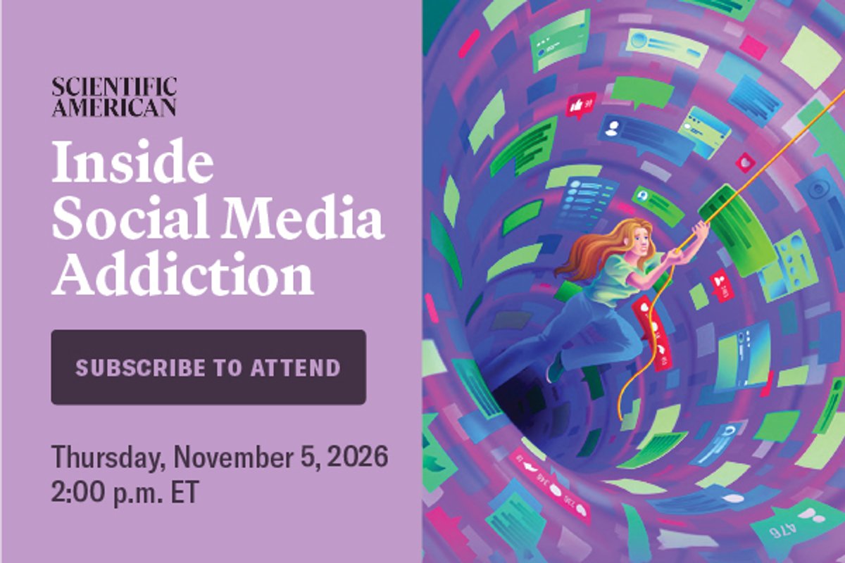 Illustration of a woman being pulled through a swirling tunnel of social media posts and notifications, promoting a Scientific American event on social media addiction.