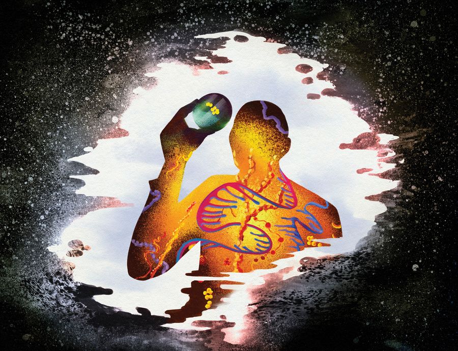 An outline of a person with helix structures within seen through a reflection in a puddle by Deena So’Oteh.