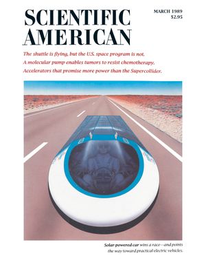 A disclike solar-powered car races on the cover of Scientific American Magazine Vol 260 Issue 3