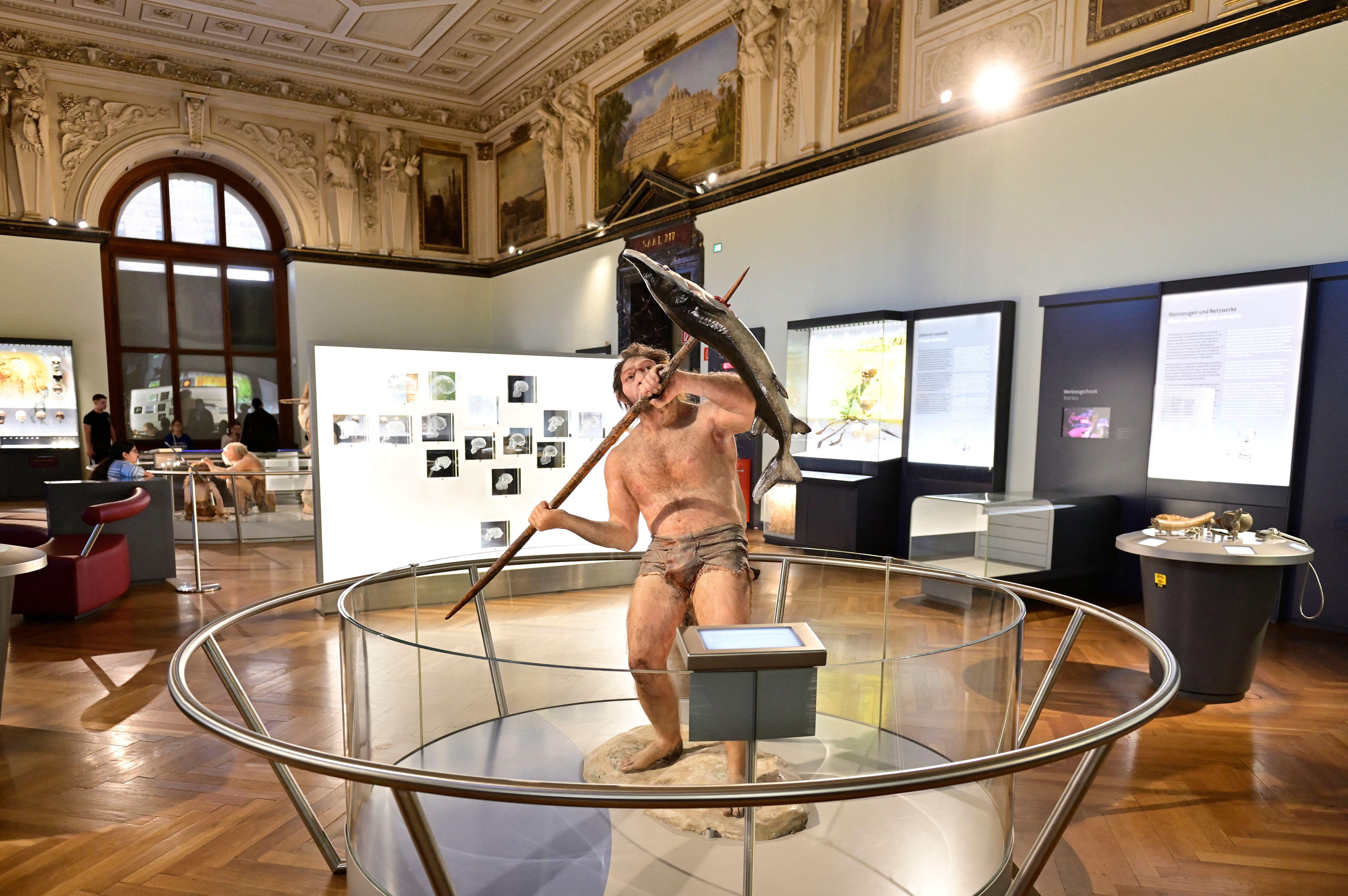 A display of Homo Erectus spearing a fish in the Natural History Museum in Vienna.