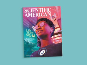 Image of Scientific American's March 2026 cover featuring Life in the Age of AI against a blue background.