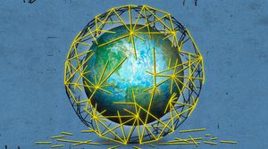 Illustration of Earth with a scaffold-like structure consisting of yellow bars being built around it. Illustration by Richard Mia.