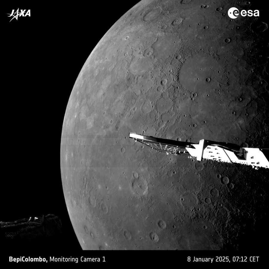 An image taken by BepiColombo shows that large regions of Mercury’s heavily cratered surface are smoothed over by lava from volcanic eruptions.