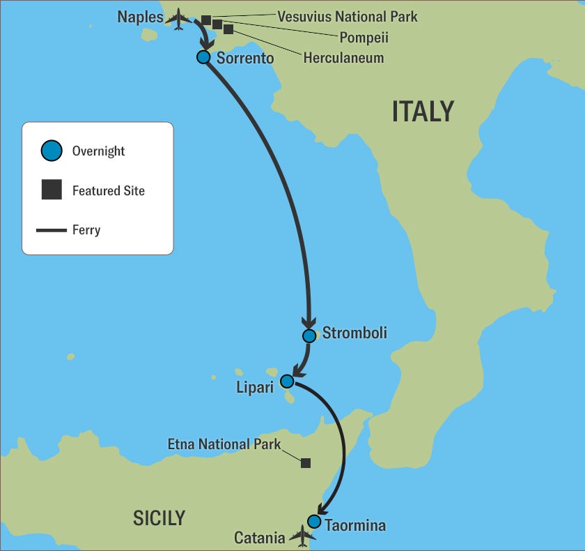 Map of stops on Volcanoes of Italy 2026 tour