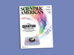 Cover of the June 2026 issue of Scientific American, displaying a quantum device with colorful blocks flying out of it, against a periwinkle background.