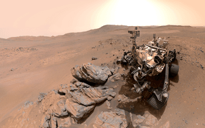 Fish-eye selfie of Perseverance rover on the Martian surface.
