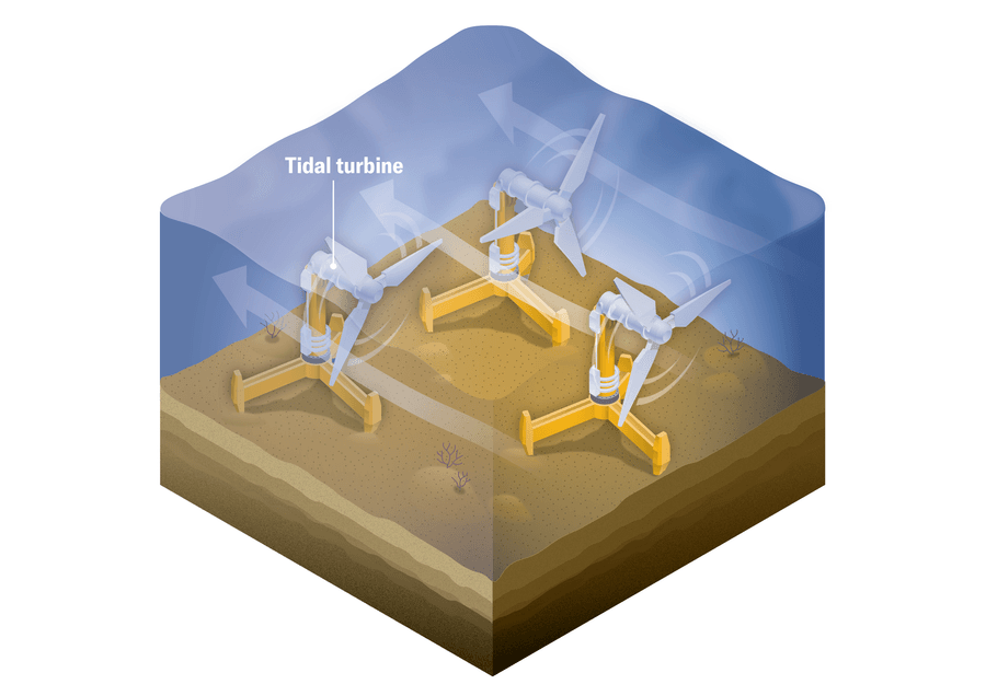 Schematic of an array of three submerged tidal turbines on the seafloor.