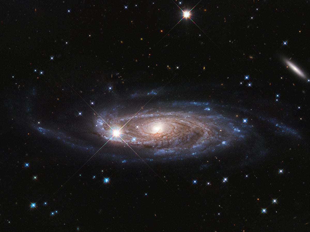 A photograph of a giant spiral galaxy in deep space