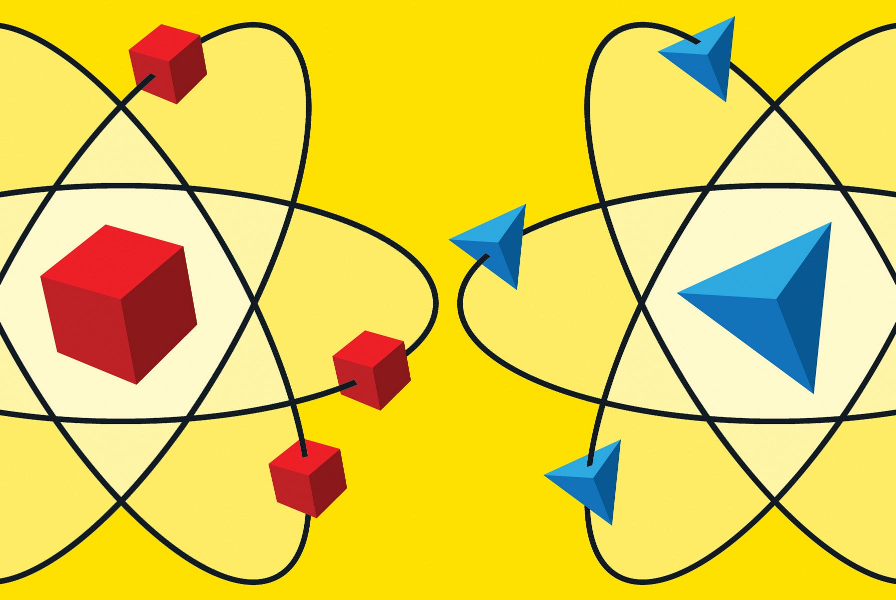 A simplified illustration of an atom with a cube in the center and cubic orbiting electrons hangs above an illustration with a tetrahedron in the center and tetrahedral electrons.
