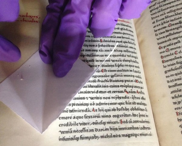 Close up view of demonstrating an example of non-invasive sampling of protein from parchment using eraser crumbs.