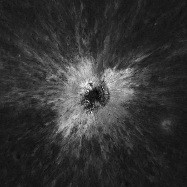 An overhead, close-up view of McGetchin Crater that was taken on December 5, 2025, by NASA’s Lunar Reconnaissance Orbiter.