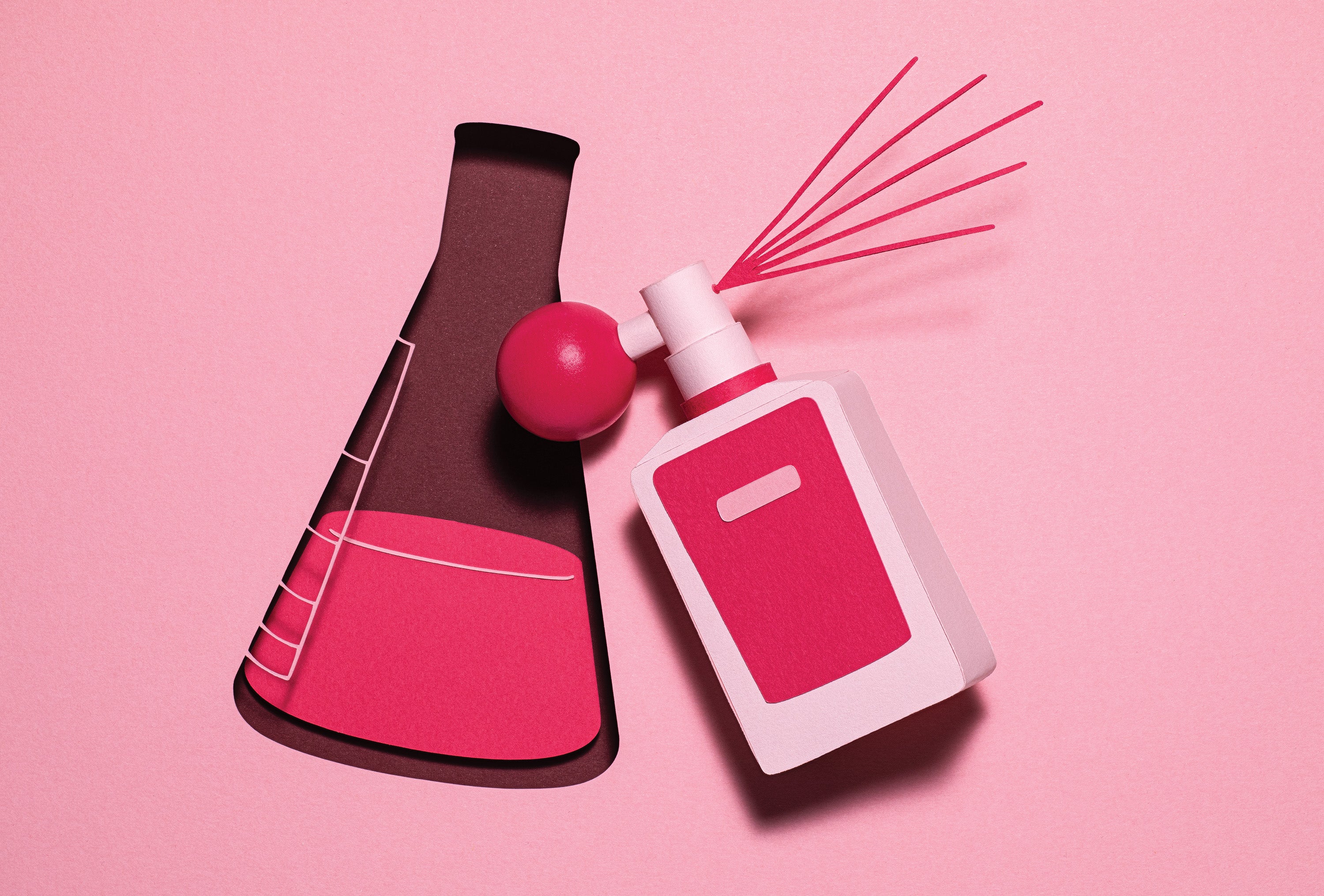 A dimensional perfume bottle inside a cutout of a chemistry glassware flask against a pink background.