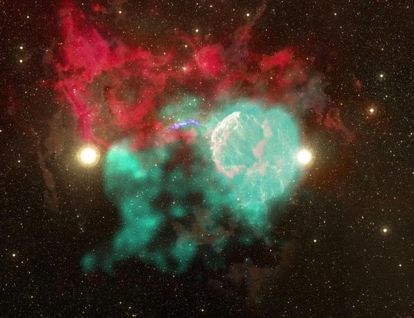 A large, red, irregularly shaped cloud sprawls across the upper half of the image. The background is sprinkled with yellow-white stars, with two brilliant ones, located in the middle and about 25 percent from the left and right sides of the image, forming large circles with diffraction spikes. At center is a short arc of gas in violet. To its right, yellow-white streamers of gas form a domelike structure, while at the base of the dome, the streamers seem to become uncontained, spreading in curving arcs. An irregular red streamer forms a ring at the dome’s base, about halfway into the full structure. Splotches of orange and brown formless obvious clouds throughout the scene.