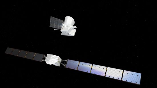 Artist’s impression showing the Mercury Transfer Module separate from the BepiColombo Mercury Planetary Orbiter (MPO) and Mercury Magnetospheric Orbiter (MMO) composite spacecraft.