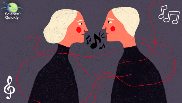 An illustration of of two figures in profile facing one another with music notes and red line accents around them