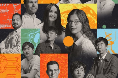 Colorful collage-type illustration showing a variety of science themed drawings intermixed with grayscale photography portraits of some of the young scientists featured in the issue. Illustration is by Max-o-matic with photographs by Christie Hemm Klok and Tony Luong.
