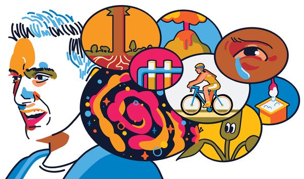 Colorful, highly stylized illustration portrait of Noam Hassenfeld.